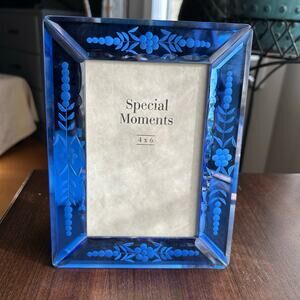 Special moments Etched Floral Blue Mirror Glass Picture Photo Frame 4x6”